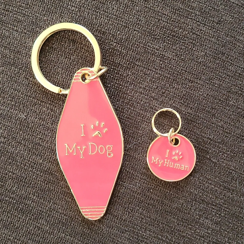Nwt I love my dog keychain & I love my human dog tag Peach & gold color